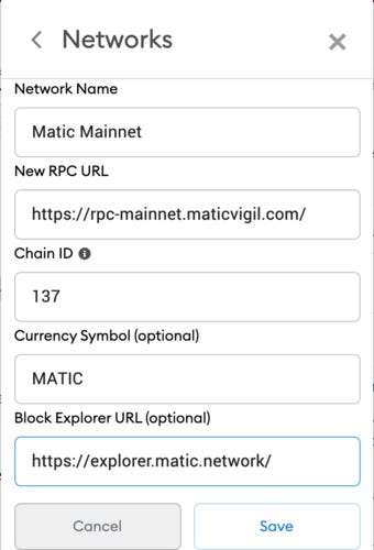 Settings for Polygon Matic Mainnet Custom RPC