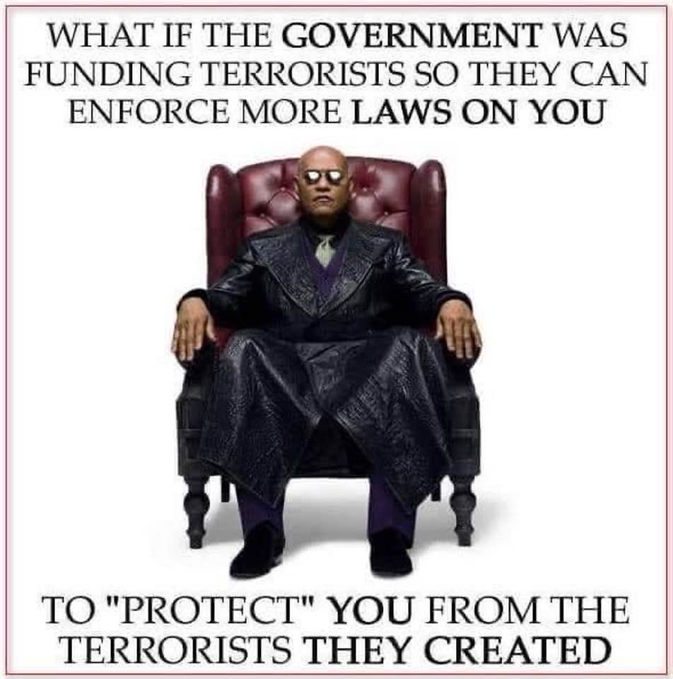 May be an image of 1 person and text that says "WHAT IF THE GOVERNMENT WAS FUNDING TERRORISTS so THEY CAN ENFORCE MORE LAWS ON YOU TO "PROTECT" YOU FROM THE TERRORISTS THEY CREATED"