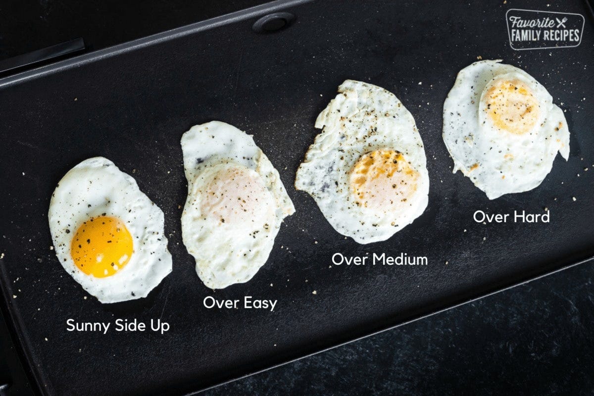 Photo of four eggs fried different ways: sunny side up, over easy, over medium, over hard. Text labels each egg's frying method.