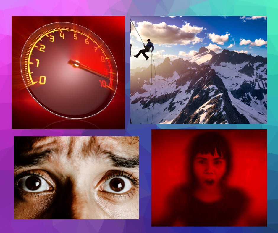 a frame with 4 colorful pictures suggesting a person having a nightmare with 2 pictures of extremely alarmed people, 1 hanging from a mountain side, and of pressure gauge in the red zone
