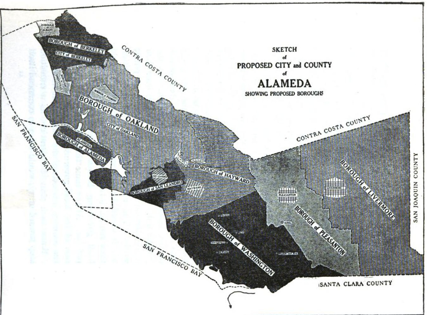 A map showing the proposed boroughs of the City and County of Alameda