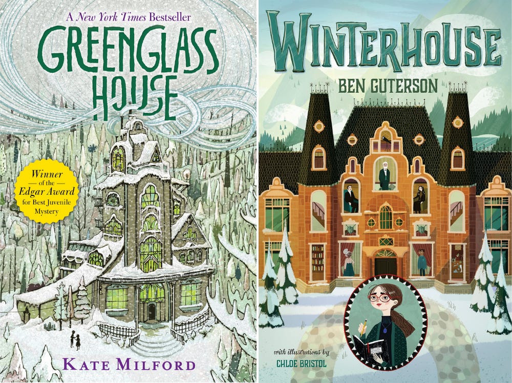 Book covers: Greenglass House, by Kate Milford; Winterhouse, by Ben Guterson