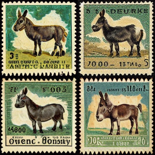 Illustration of four stamps with jackasses on them.