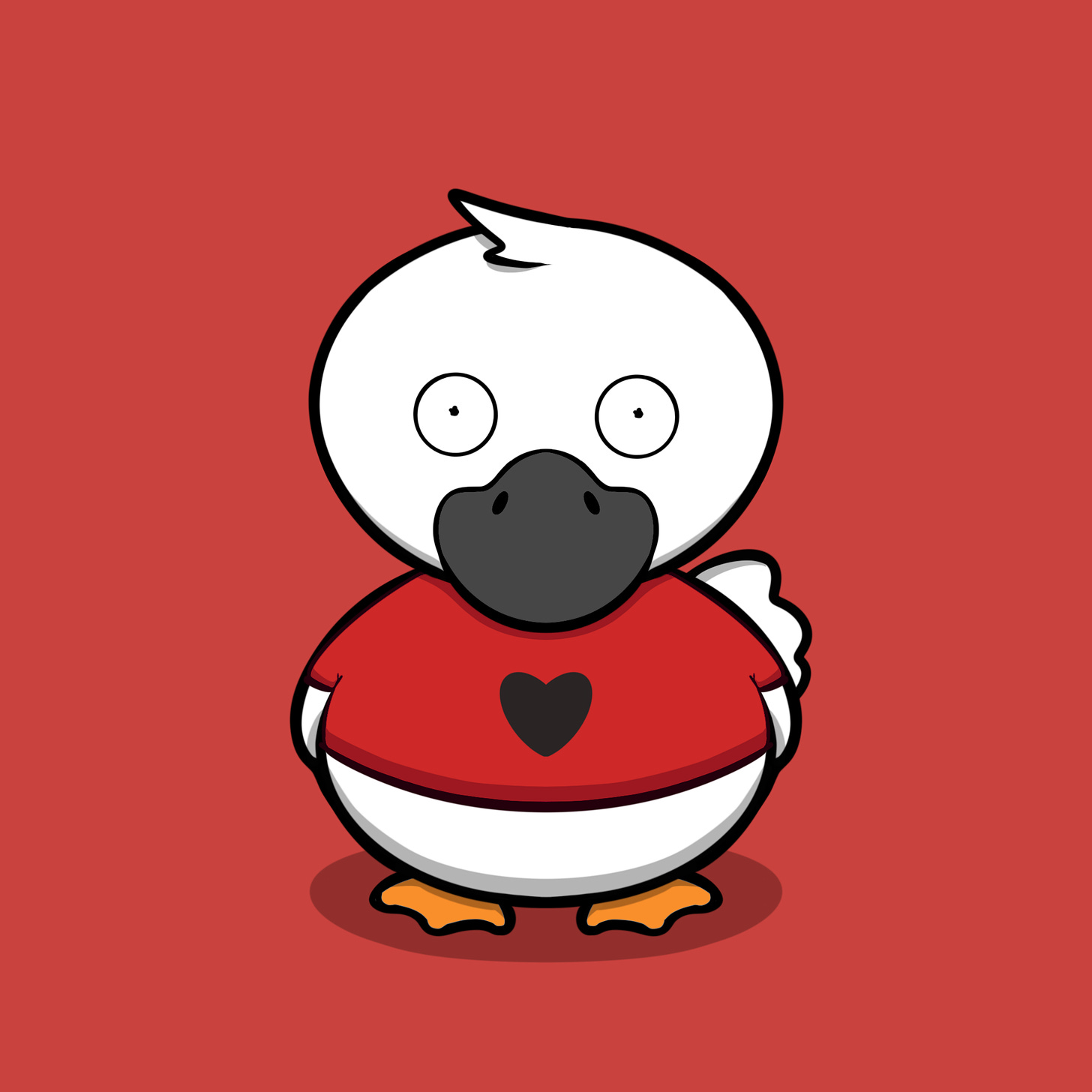 A cartoon duck with a heart shirt on a red background.