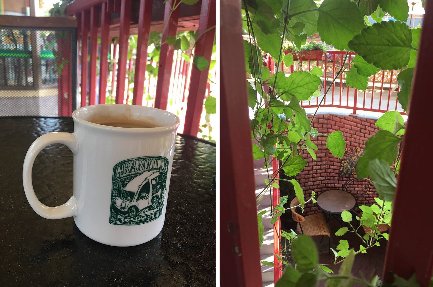 left image: a white coffee mug with a faded green logo for Granville's coffee. Right image: taken through red balcony posts and trailing green plant leaves, a round patio table with two chairs in an alcove below, and a painted brick wall in the back ground.