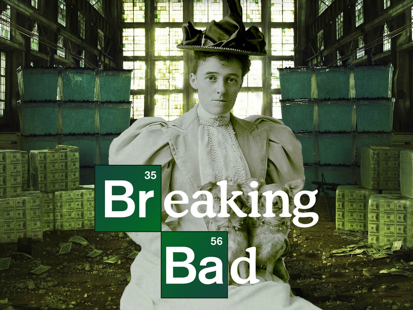 A promo photo from the show Breaking Bad, but Edith Wharton has been photoshopped in to replace Walter White