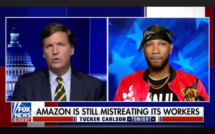 Fox News host Tucker Carlson (left) praised Christian Smalls (right), the leader of the drive to unionize workers at an Amazon facility in Staten Island.