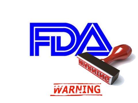 FDA logo, red stamp with red lettered "WARNING"