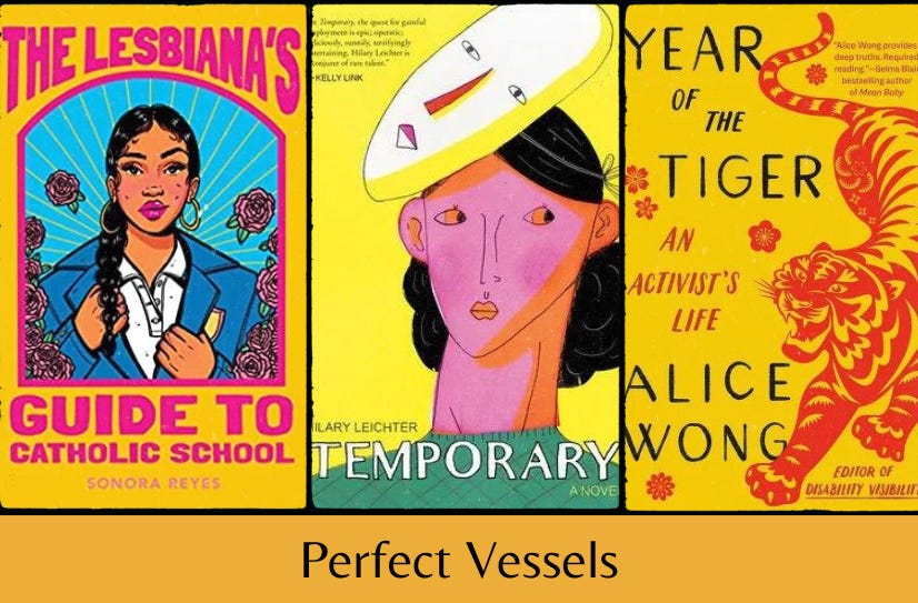 Small images of the three listed books above the text ‘Perfect Vessels’ on an orange background.