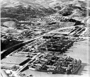 PHOTO COURTESY OF SAUSALITO HISTORICAL SOCIETY  This photograph, donated to the Historical Society by Steve Bechtel, shows the shipyard in full production. Bechtel proudly displayed the image in his office for many years.