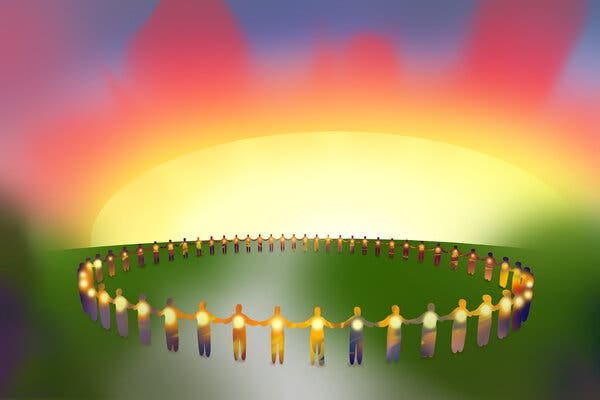 An illustration of a group of small figures connected by joining hands in a circle. Each figure has a tiny light glowing at their center, with a colorful sunrise with reds and yellows in the background.