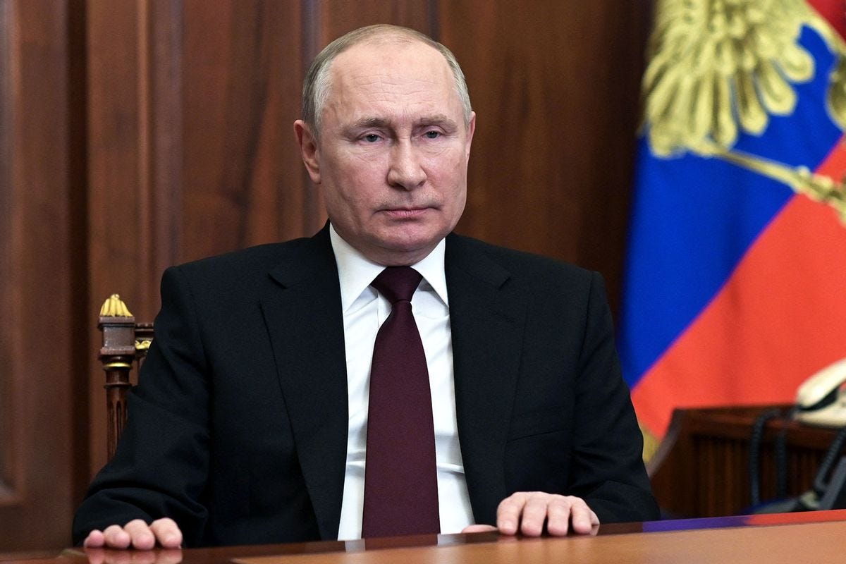 Russian President Vladimir Putin speaks during his address to the nation at the Kremlin in Moscow on February 21, 2022. (ALEXEY NIKOLSKY/Sputnik/AFP via Getty Images)