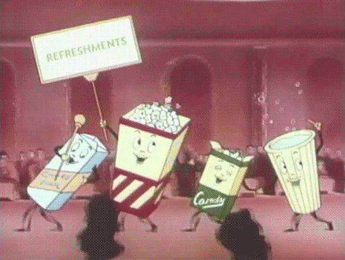 A gif of the classic dancing snacks in the “let’s all go to the lobby” movie intermission bumper.
