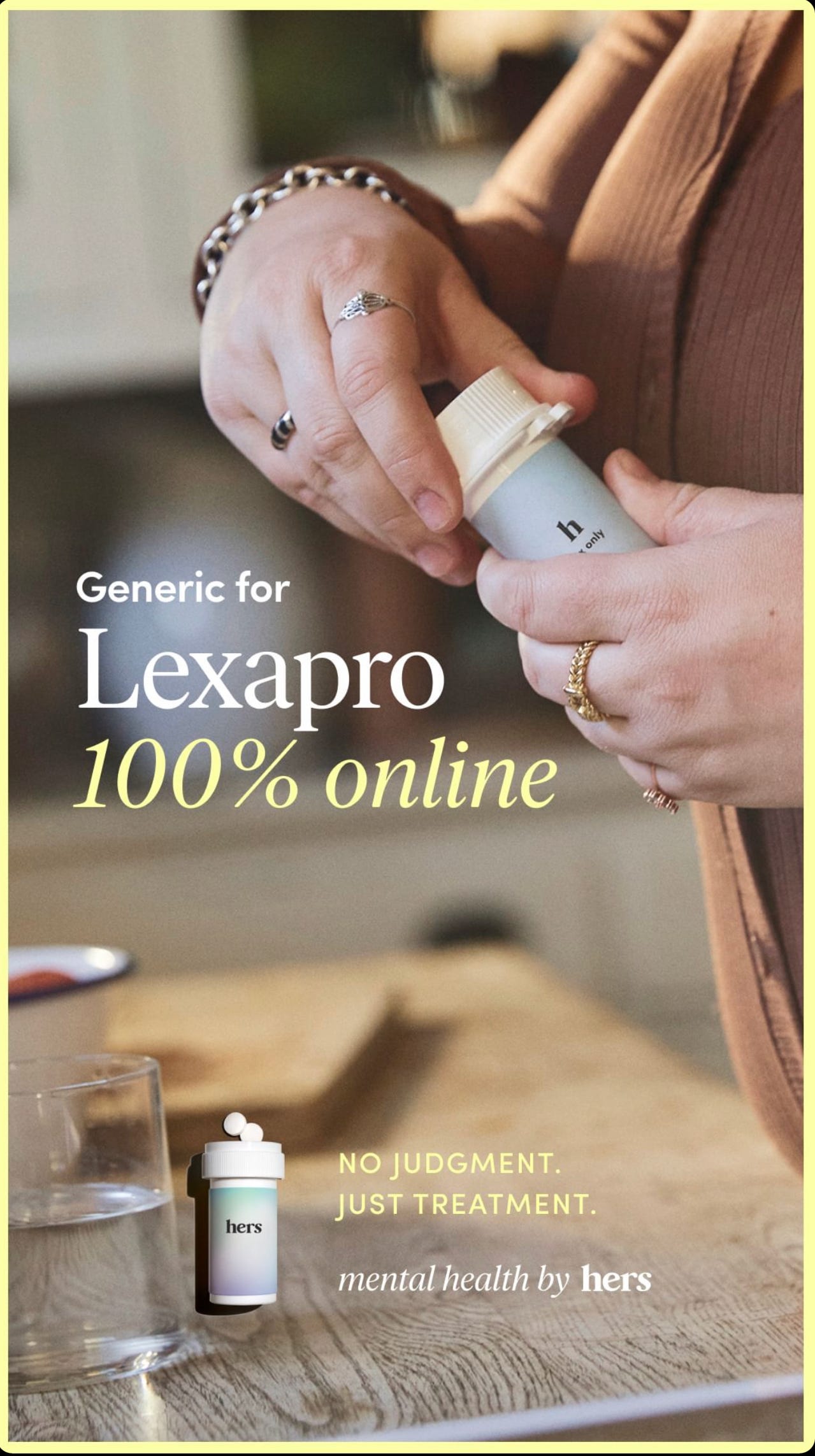 screenshot of a Hers ad that says Lexapro, 100% online, no judgement just treatment