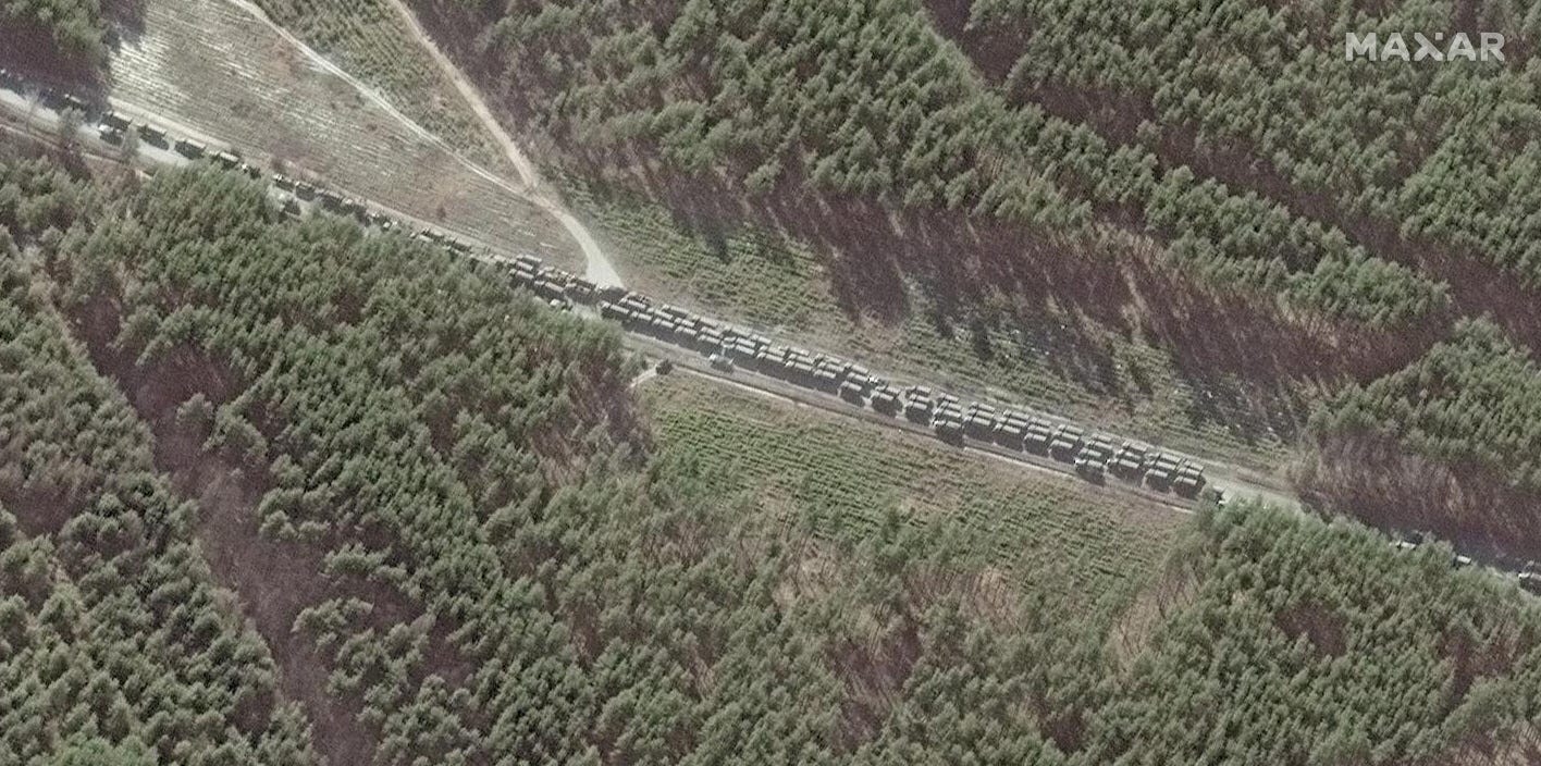 A satellite image shows northern end of convoy logistics and resupply vehicles, southeast of Ivankiv, Ukraine, February 28, 2022. Satellite image ©2022 Maxar Technologies/Handout via REUTERS