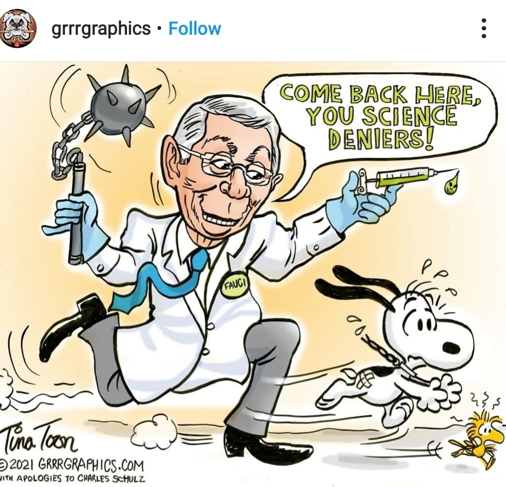 May be a cartoon of 1 person and text that says 'grrrgraphics Follow COME BACK HERE, YOU SCIENCE DENIERS! TinoToon Tino 2021 GRRRGRAPHICS.COM ITH APOLOGIES τO CHARLES SCHULZ'