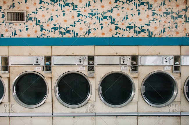 Old dryers in a laundromat stock photo - OFFSET