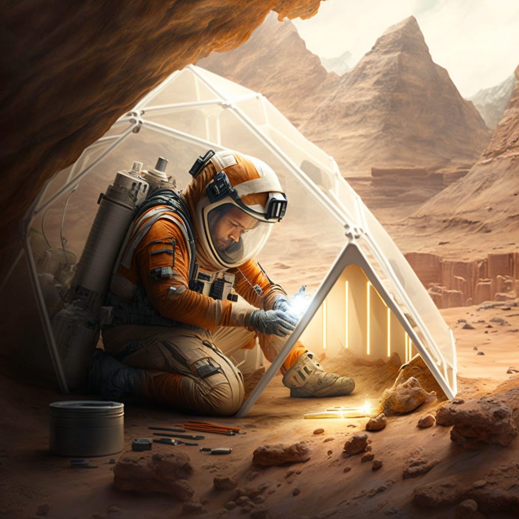 Mark Watney, the main character of the film "The Martian", building a shelter in a mountain hollow protected from the Martian sun