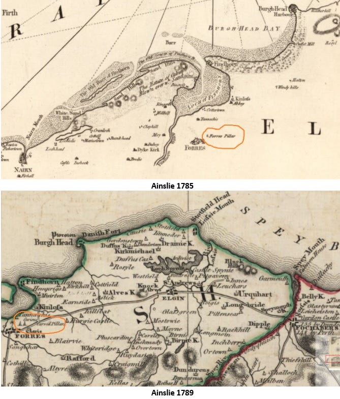 Details from two maps of Moray by John Ainslie; one from 1785 showing one pillar on the Sueno’s Stone site, and one from 1789 showing two