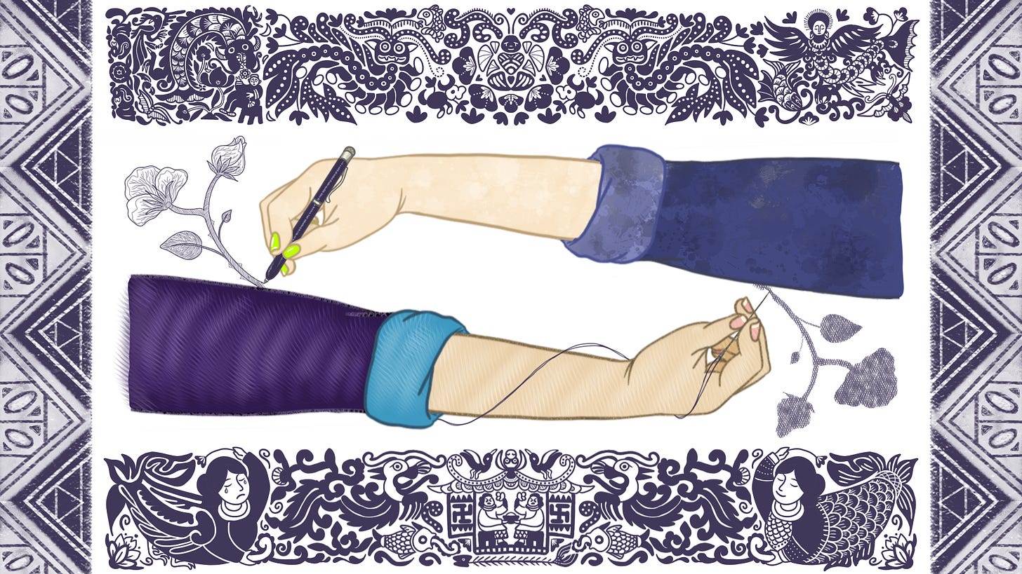 illustration of two arms reaching toward each other, each drawing a flower on the other, bordered by Hmong textile patterns