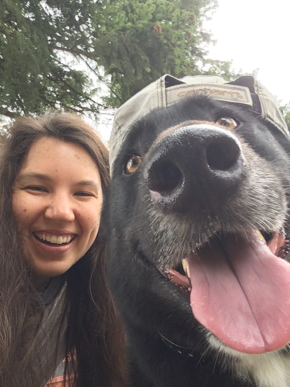 on left, Caucasian young woman smiling with face and eyes. On right in front, black and white big dog with tongue out and nose healing. Backward baseball cap on dog. Tree tops above/behind beings. They are outside.