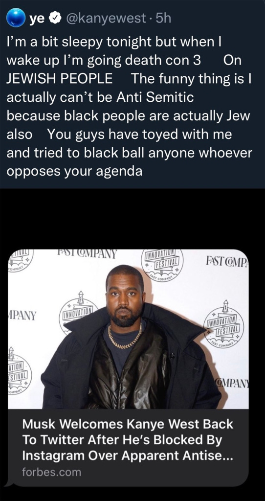 Kanye West anti-semitic tweet that was removed by Twitter.