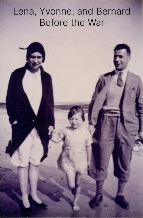 A blurred photograph from perhaps 1930 of a white family on a windy beach. The mother is holding a perhaps 3 y/o's hand and beside them is a smiling man in a jacket, vest and tie. The ocean is in the background. The text says "Lena, Yvonne, and Bernard: Before the War