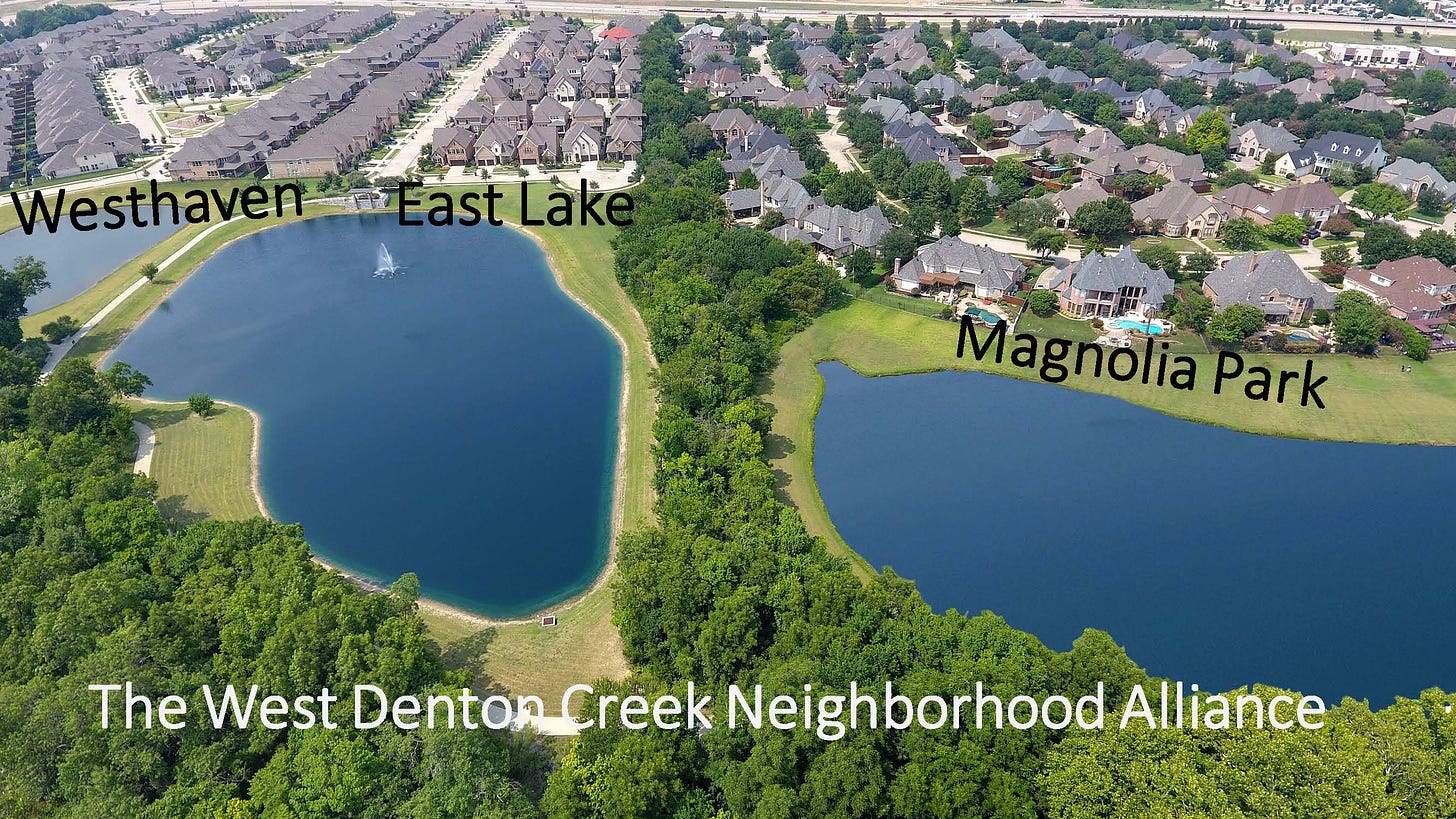 An aerial photo of three neighborhoods – Westhaven, East Lake, and Magnolia Park – that are collectively known as the West Denton Creek Neighborhood Alliance