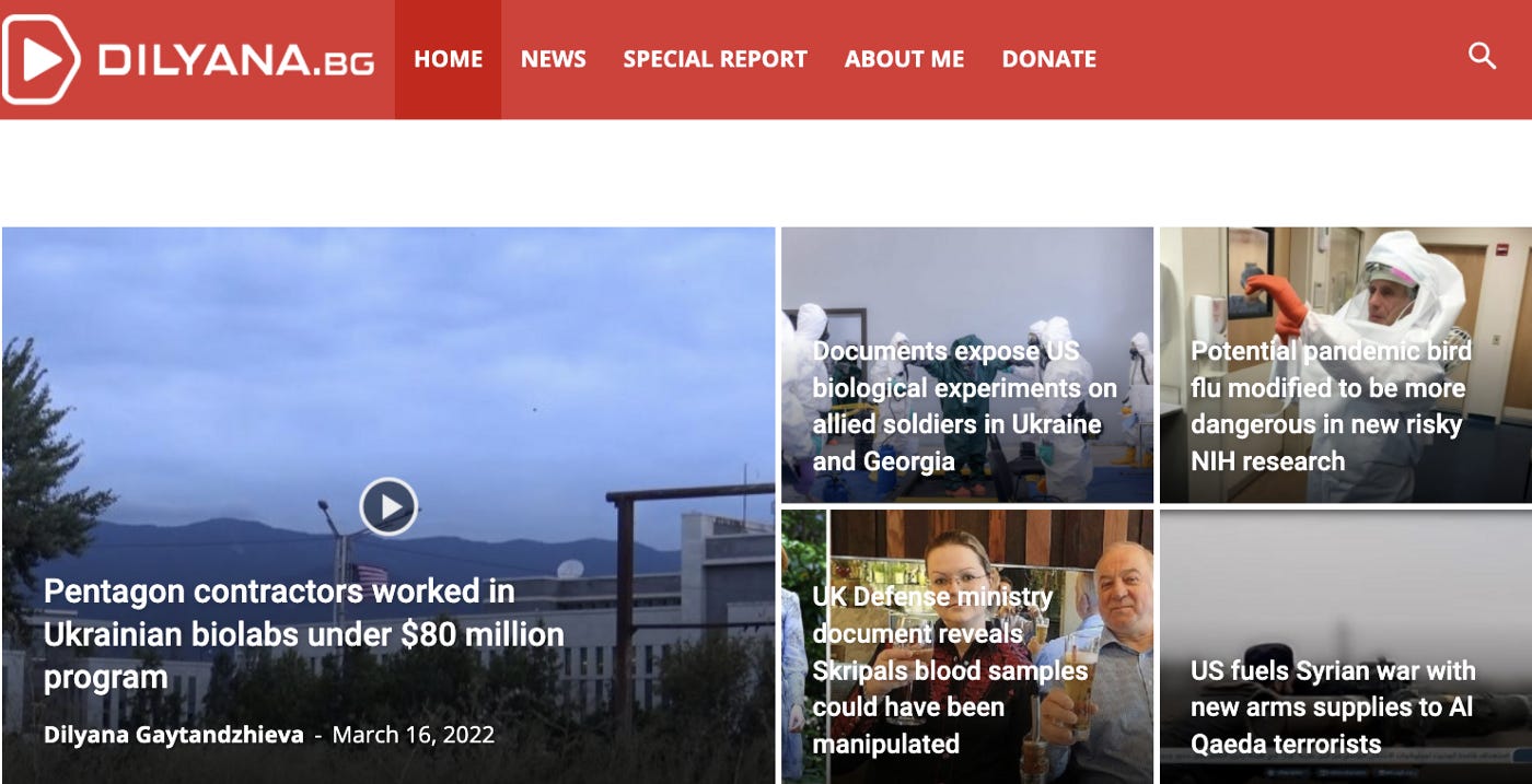 Picture of a website, at the top is a red bar that says dilyana.bg with tabs such as home, news, special report, about me, and donate as well as a search icon. Below that are images of different reports showing people in hazmat suits, buildings with a US flag flying, and white people smiling and holding up drinks.