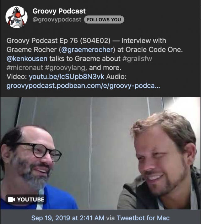 Tweet about Groovy Podcast with Graeme Rocher