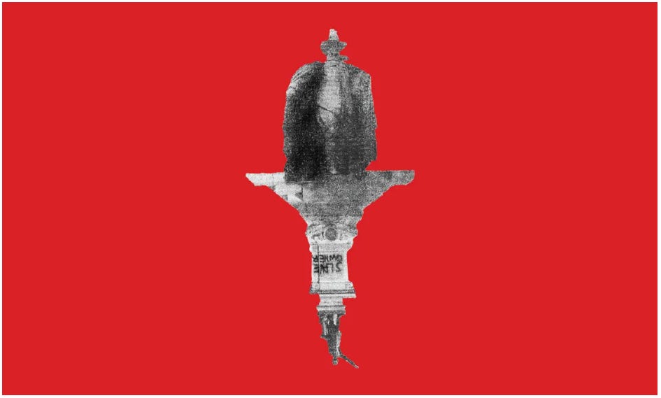 Image shows confederate monuments against a blood-red background.