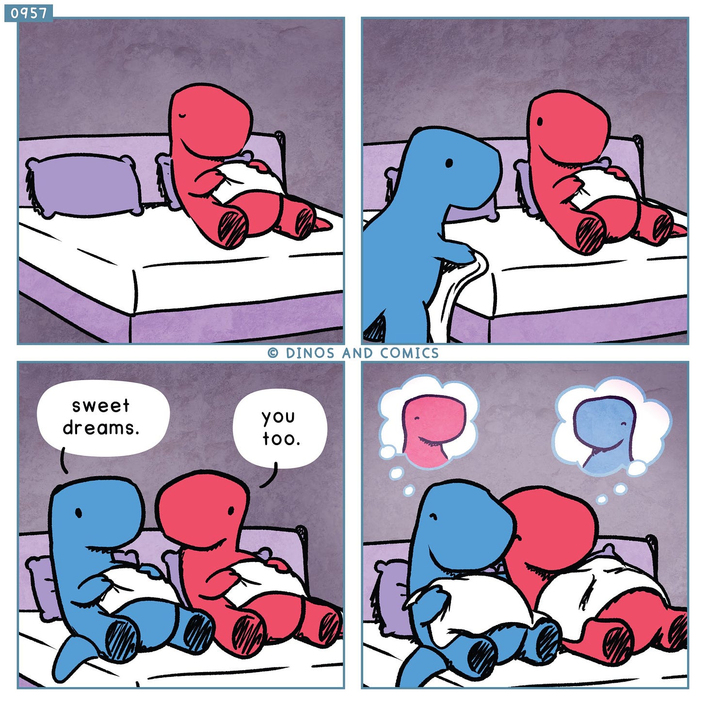 A comic.

Panel 1, Red Dino lying in bed.

Panel 2, Blue Dino getting ready to go to bed.

Panel 3.
Blue Dino to Red: "Sweet dreams."
Red Dino replies, "You too."

Panel 4.
Red and Blue Dino sleeping, both dreaming of each other.