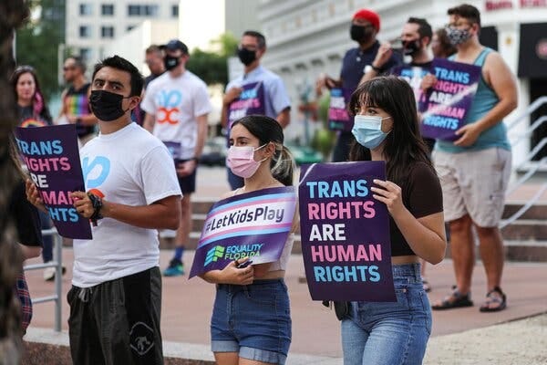 A rally in support of transgender young people outside Orlando City Hall in June 2021.
