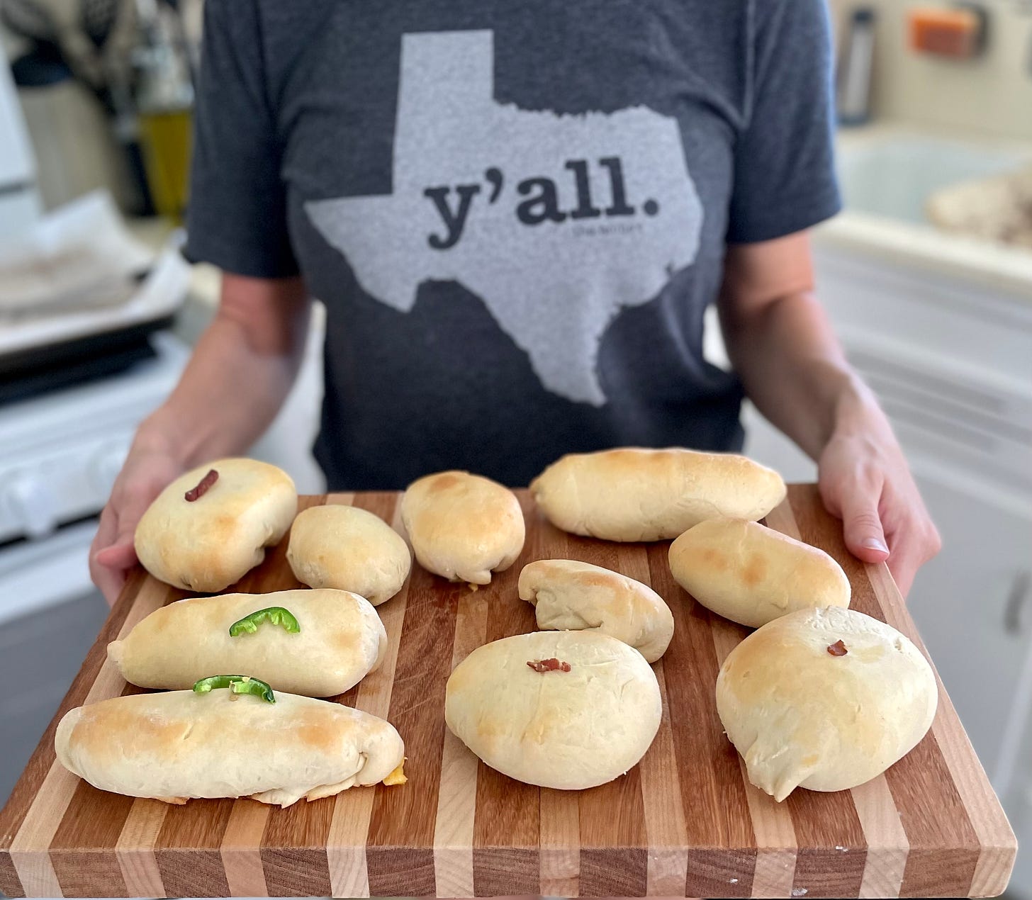 Kolaches out of the oven with y'all shirt