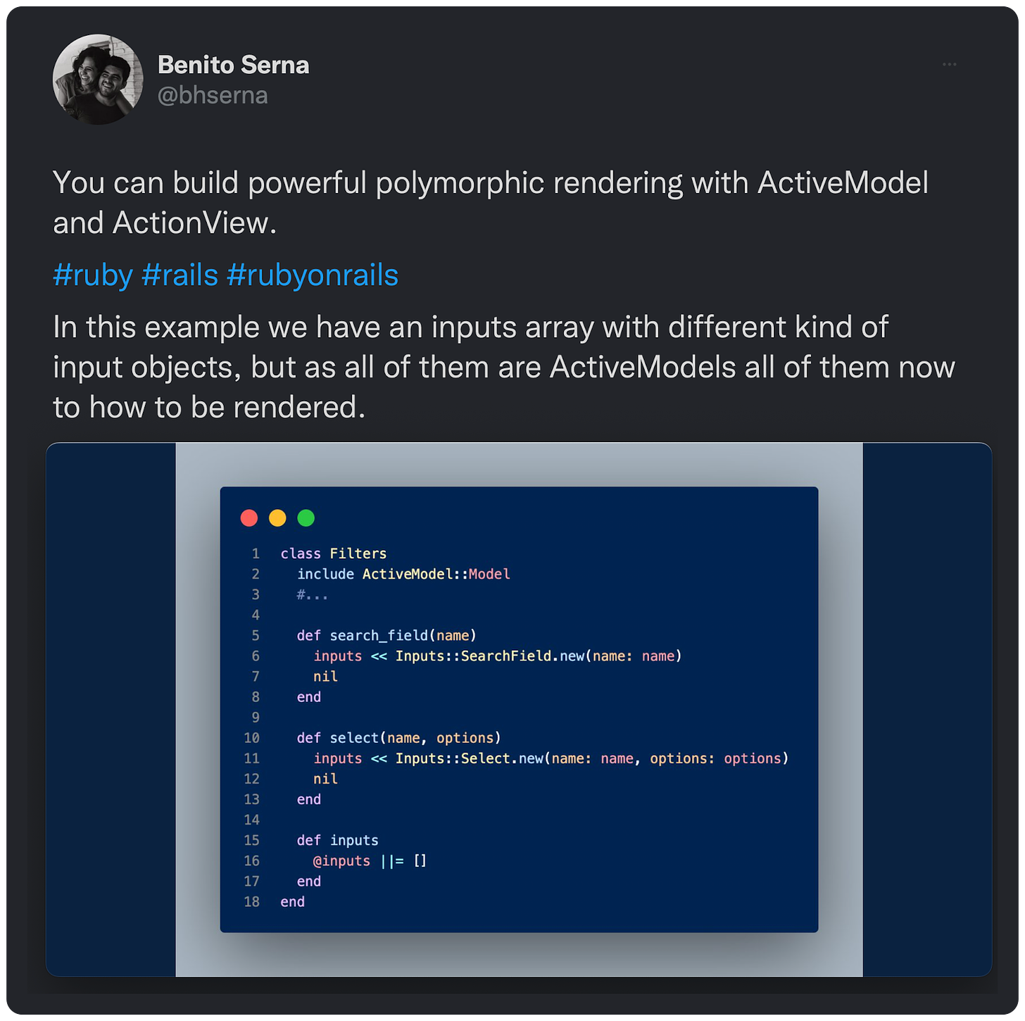 You can build powerful polymorphic rendering with ActiveModel and ActionView. #ruby #rails #rubyonrails In this example we have an inputs array with different kind of input objects, but as all of them are ActiveModels all of them now to how to be rendered. 