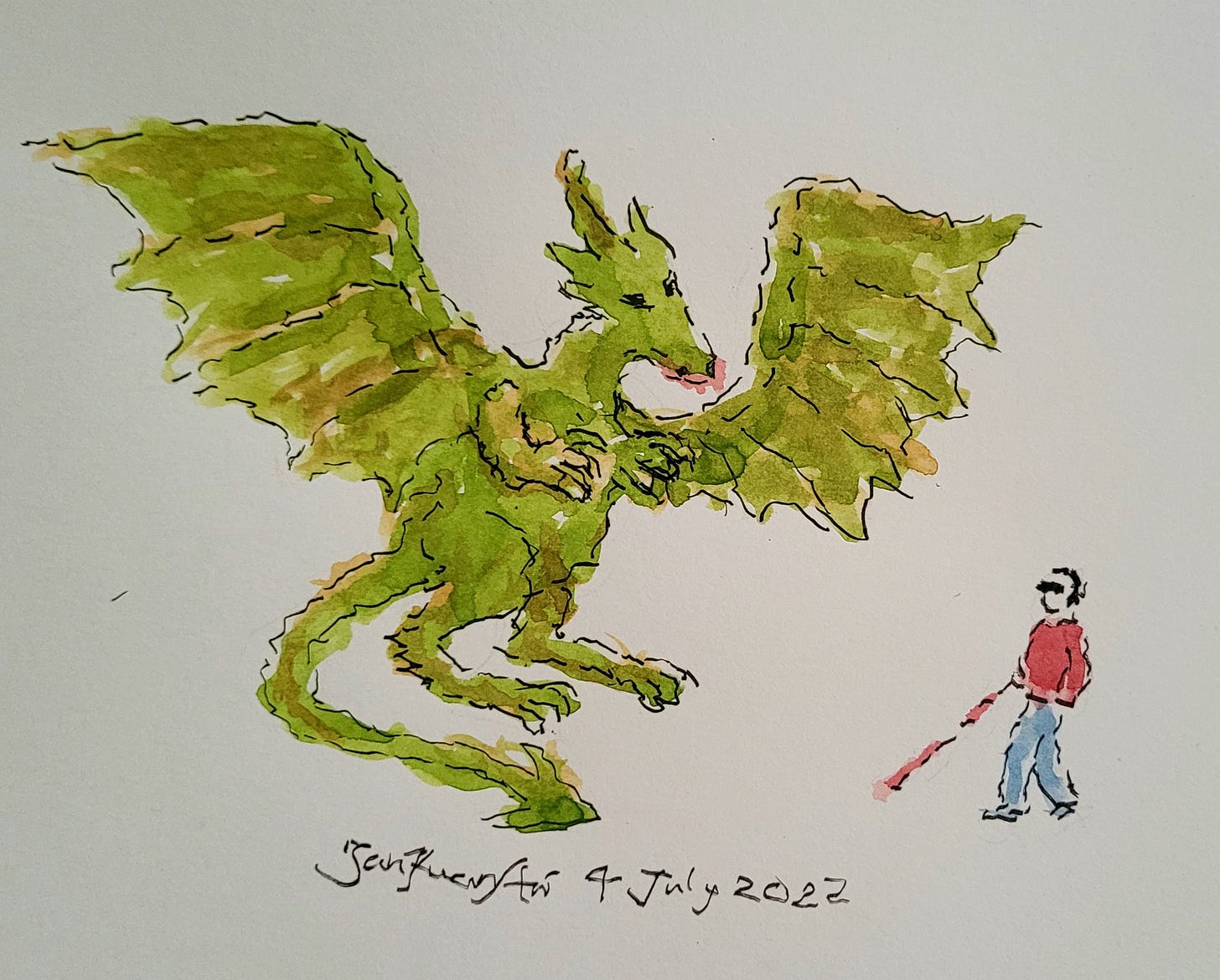 Watercolour illustration of a large dragon looming over a small person wearing dark glasses and holding a cane. The dragon is shades of green with wings outstretched, tail curved and glowering down. The person faces towards the dragon, looming backwards in trepidation, with a red top, blue trousers and flashes of red on the cane. Signed Tan Kuan Aw, 4th July 2022.