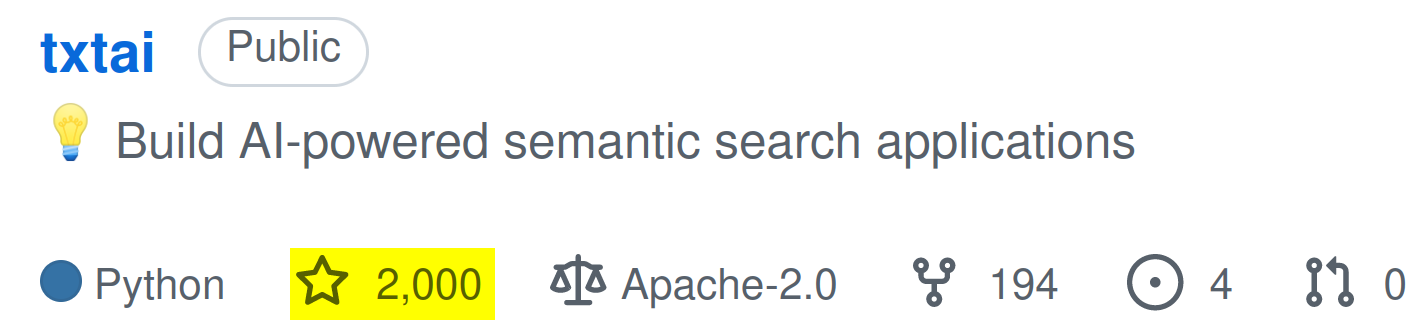 May be an image of text that says 'txtai Public Build Al-powered semantic search applications Python 2,000 Apache-2.0 ಳ 194 !!០'