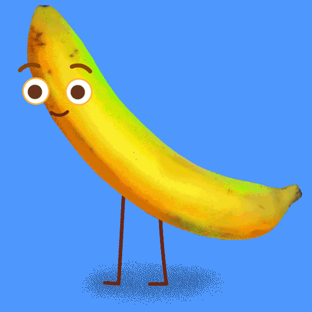 A banana with a cute face animating to open a peel to show a butt by Sylvia.