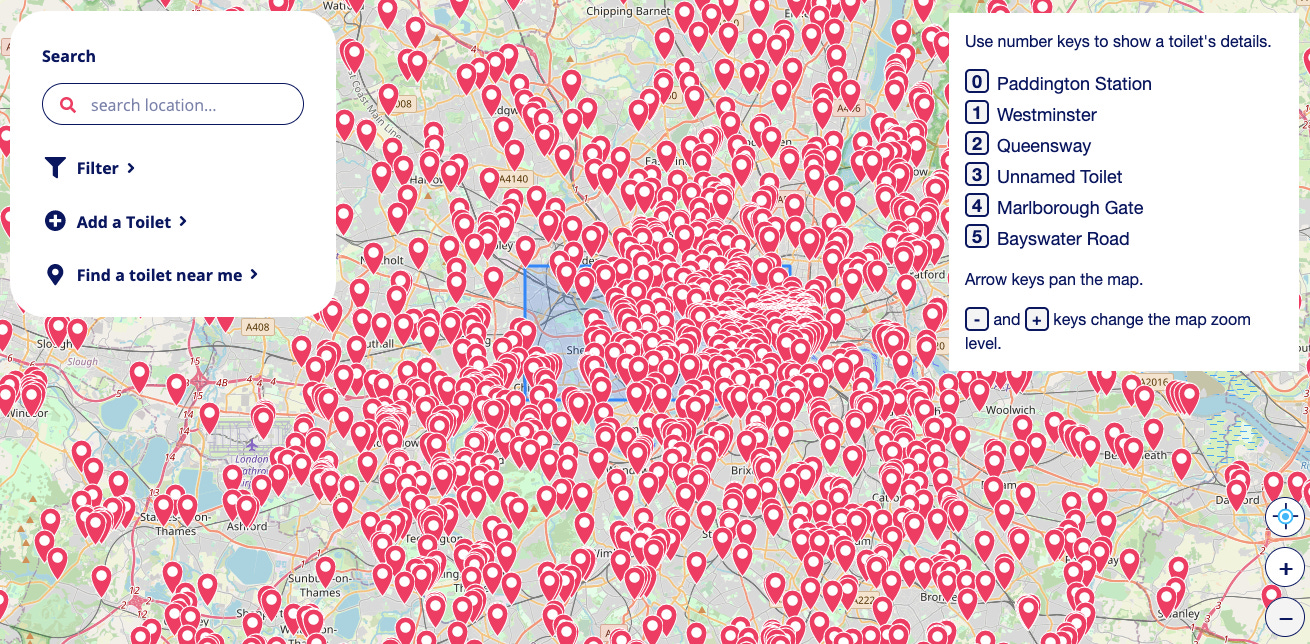 This map shows the locations of public toiliets in London. there are a lot. Its a sea of red dots to be honest