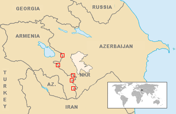 Locations of the skirmishes marked with red squares. "NKR" is the Nagorno-Karabakh enclave (Image: Viewsridge, CC BY-SA 4.0, via Wikimedia Commons)