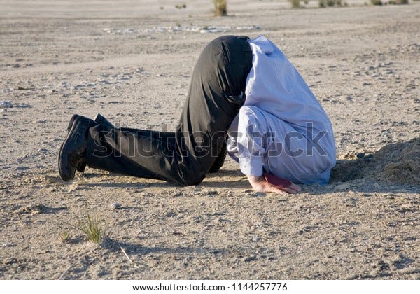 A powerful denial concept, man with his head in the sand.