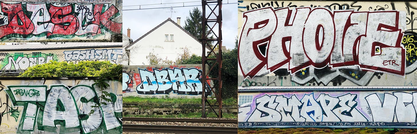 A collage of French graffiti on walls and buildings