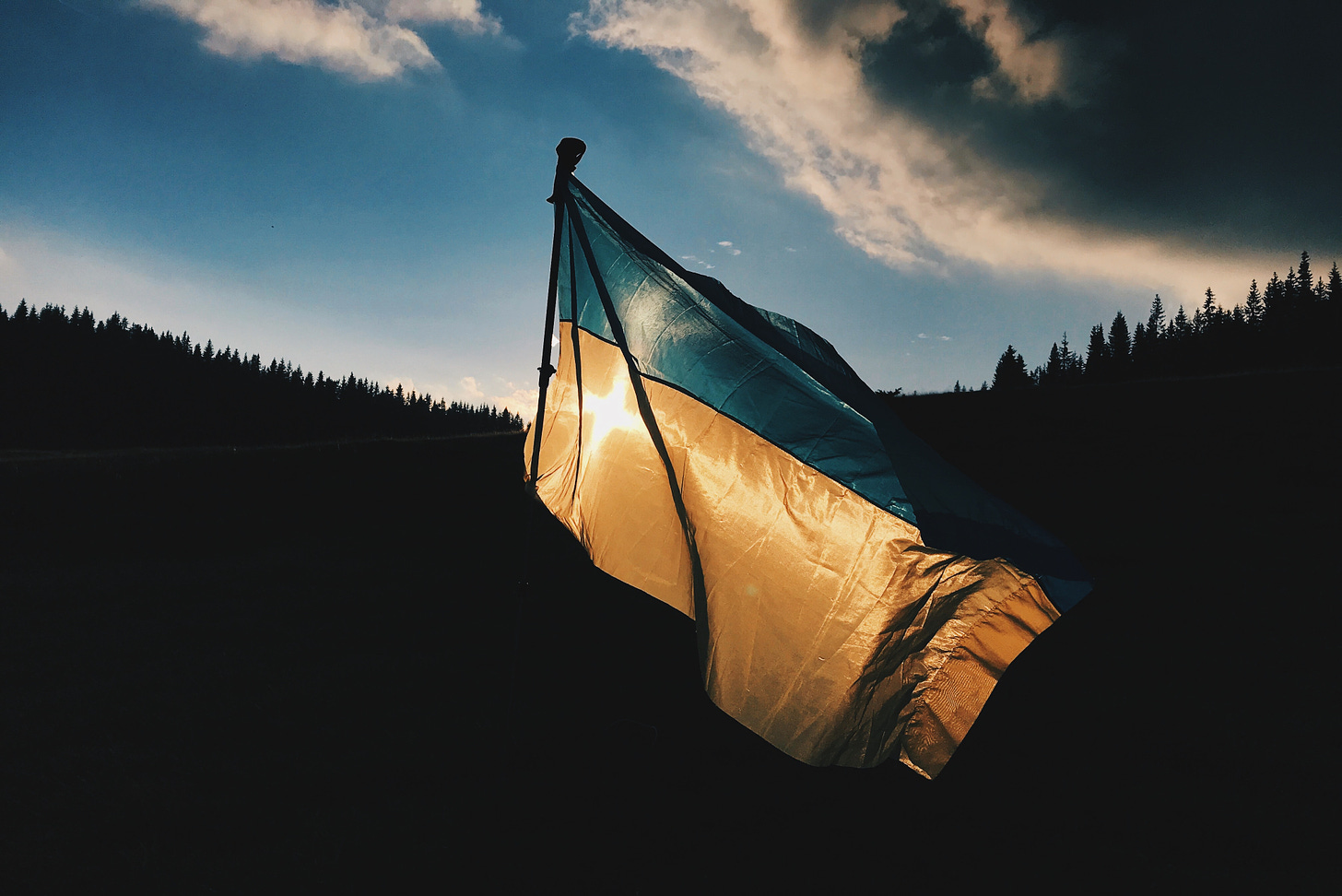 Ukraine flag fluttering against a backdrop of trees and a sunset