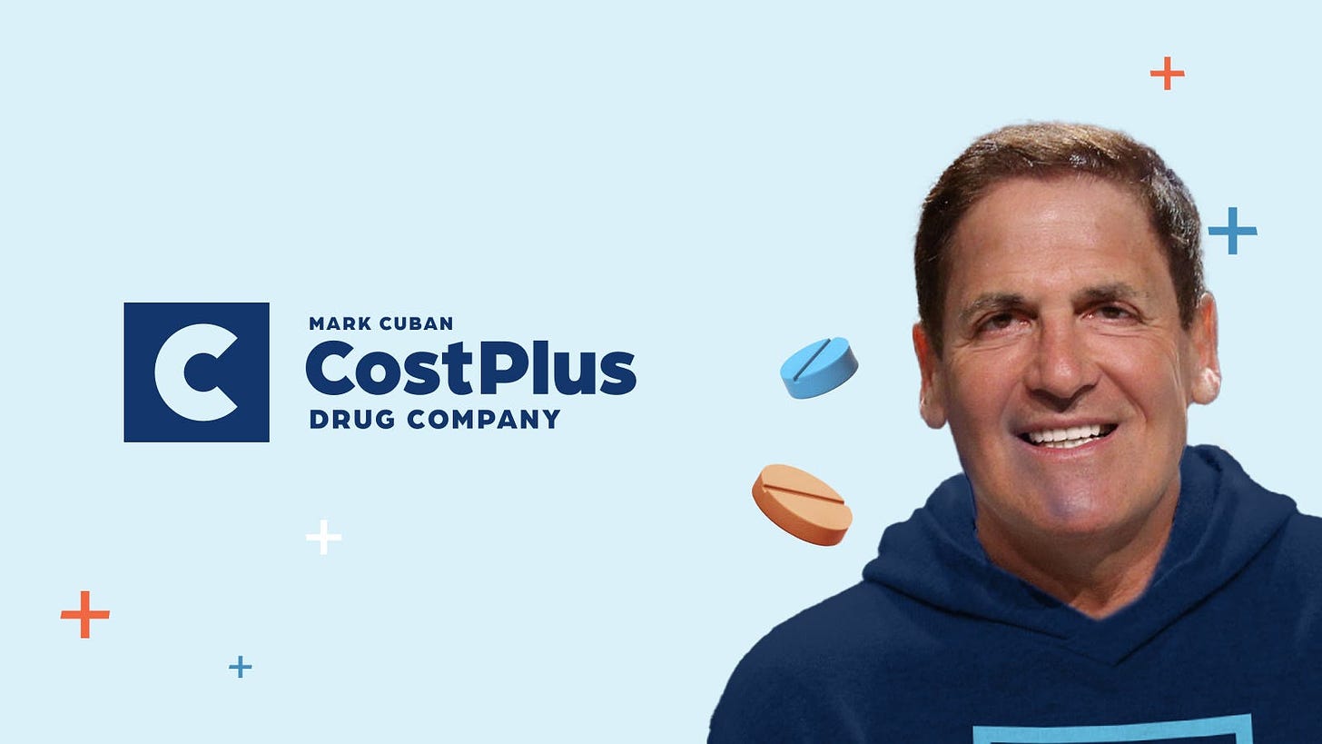 The Mark Cuban Cost Plus Drug Company logo next to a photo of Mark Cuban.