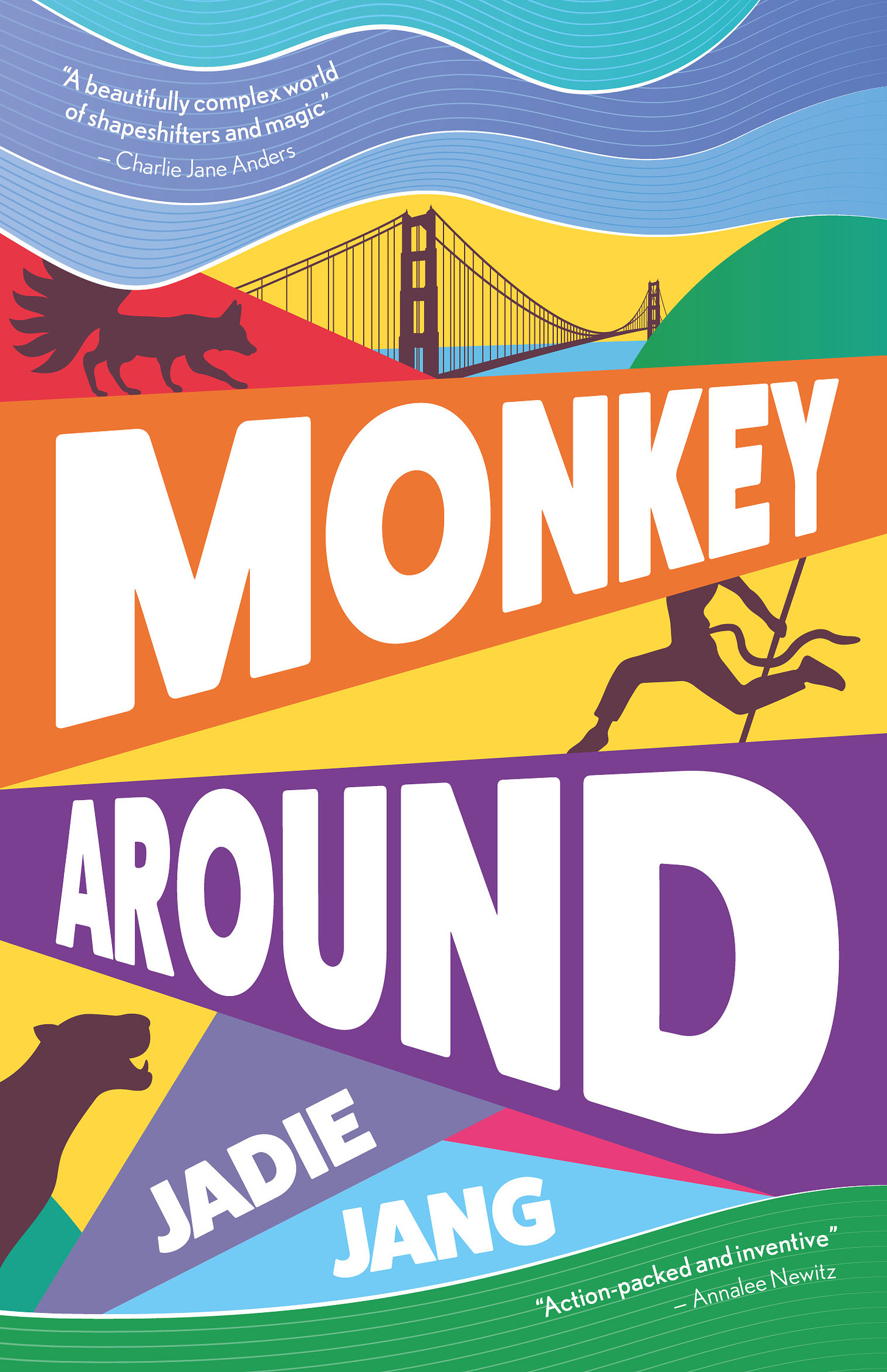The front cover of the book Monkey Around by Jadie Jang. The background of the cover features multiple geometric segments in different bright colours including orange, purple, yellow, green and blue. The title is in large white lettering in the centre of the cover, with the author name in the bottom left. Inside some of the segments around the cover there are silhouettes of different figures from the book, including a monkey warrior running and the San Francisco Golden Gate Bridge.