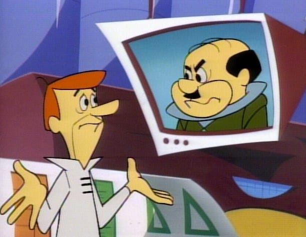 Cartoon image of George Jetson's boss video-calling him at home. 