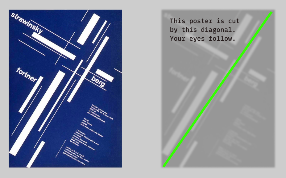 {img: Poster by design master Josef Müller-Brockmann. As you can see, there is a clear diagonal created by the composition that breaks up the negative and positive space; source: flickr}