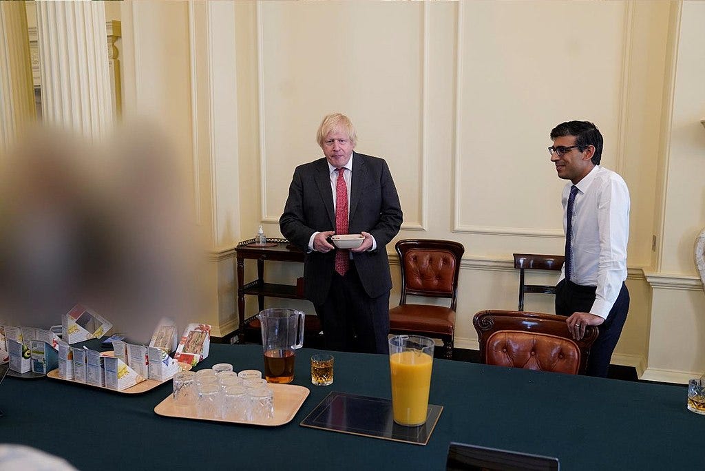 Then PM Boris Johnson and Sunak (right) at the former's birthday celebration on 19 June, 2020. Both later received fixed penalty notices for attending the gathering during the lockdown (Image: No 10 Official Photographer, OGL 3, via Wikimedia Commons)