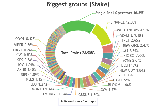 A donut chart diagram showing each group of stake pools. image provided by https://adapools.org/groups