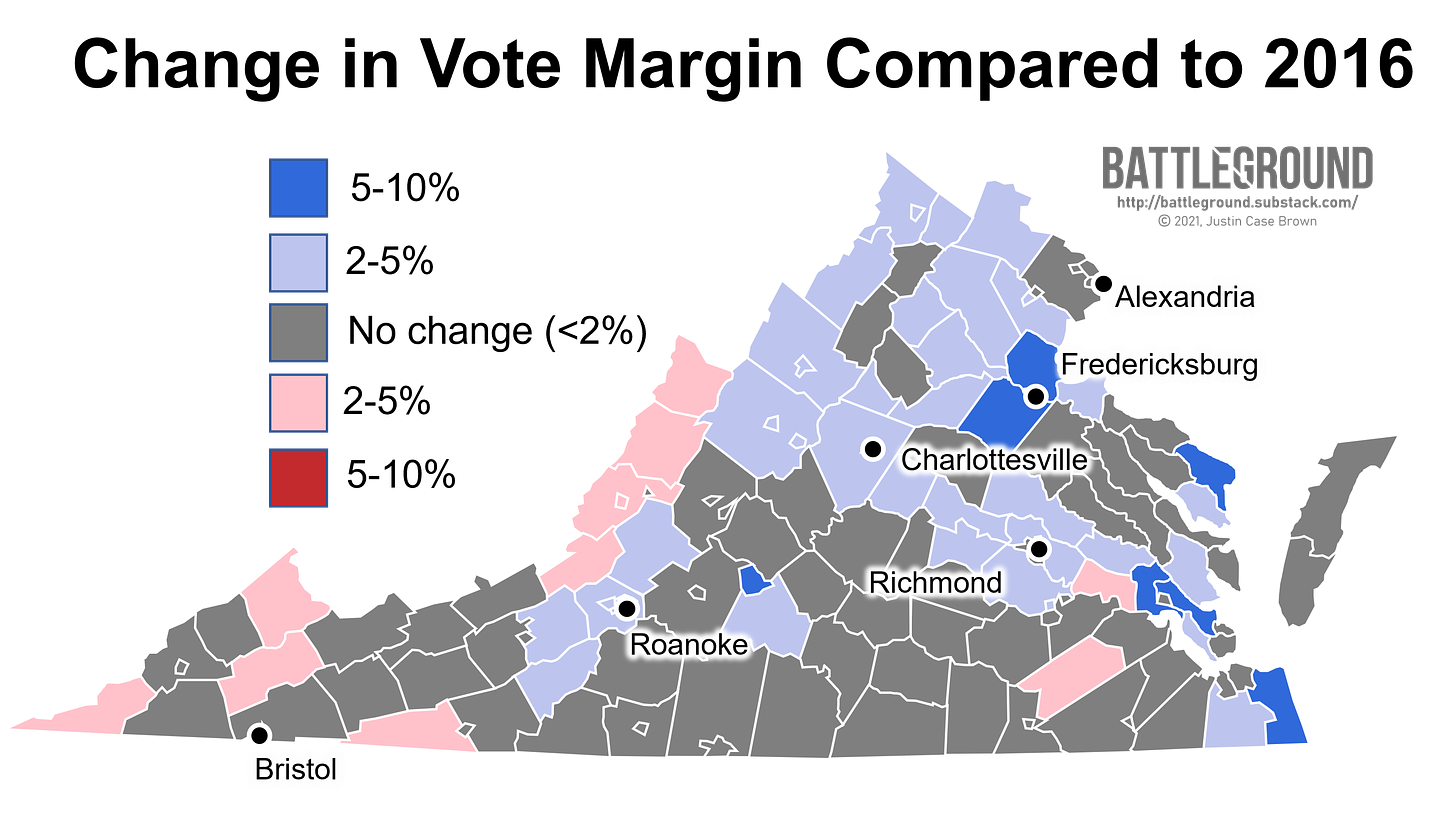 Virginia's Change in Vote Margin Between 2016 and 2020